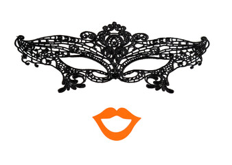 Women's dark mask for carnival or role playing games on a white background. Imitation of a sexy portrait with bright red lips.