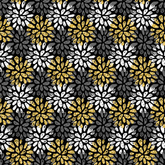 Golden dahlia, gray white on black background, fantasy flower seamless pattern for textile