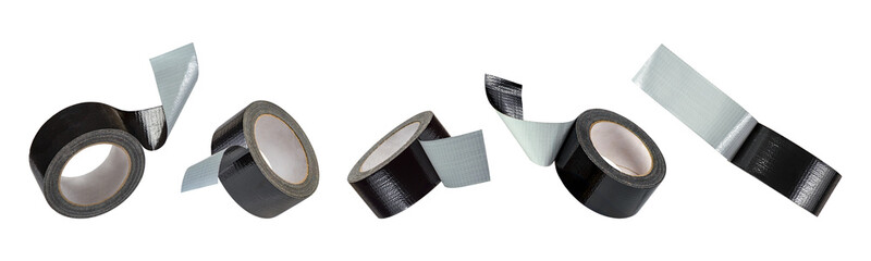 Big set roll of black adhesive tape isolated on white background. Reinforced black duct tape falls,...