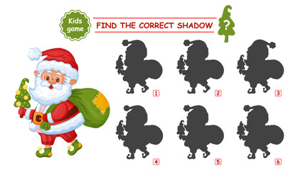 Fototapeta premium Cute Santa Claus find correct shadow shape. Education matching children game. New Year grandfather with Christmas tree, holiday bag of presents. Kid puzzle. Preschool learning logical exercise. Vector