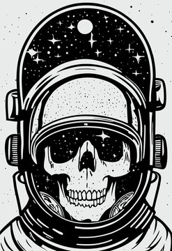 Human skull astronaut in space helmet, sketch engraving vector illustration. Scratch board style imitation. Hand drawn image.