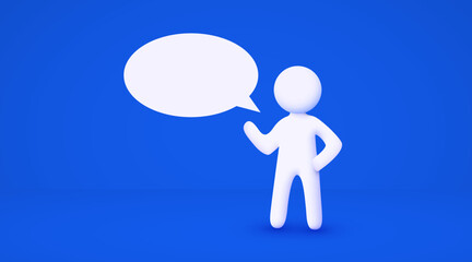 3d white cartoon man with chat bubble. Communication concept. Isolated blue background.
