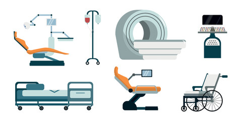 Set of colorful medical diagnostic equipment in cartoon style. Vector illustration of health system, tomograph, dentist chair, blood transfusion, wheelchair, hospital bed, scanner on white background.
