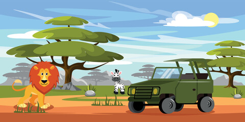 Vector illustration of a hot African safari. Cartoon mountains landscape with SUV, left, zebra, trees, shroud in translucent sky.