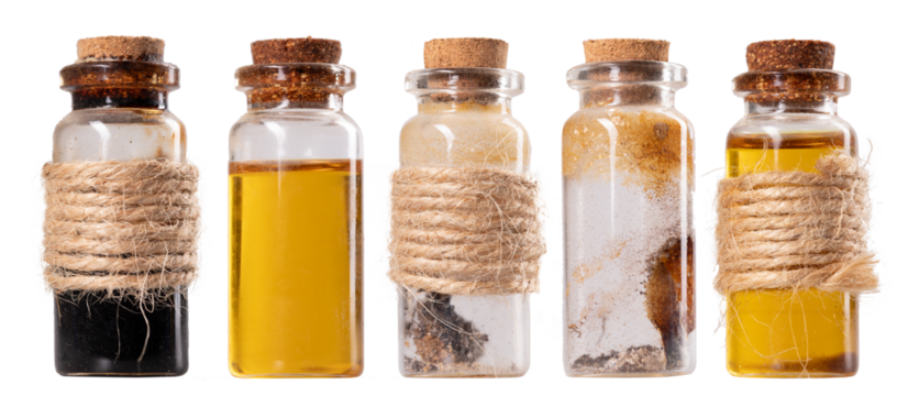 Various small bottles with different potions on an isolated background. - Powered by Adobe