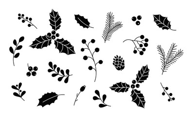 Christmas vector plants, holly berries, Christmas tree, mistletoe, pine, berries, branches with leaves, holiday decoration, winter symbols isolated on a white background. Black silhouettes.  - obrazy, fototapety, plakaty