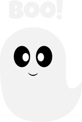 Cute ghost isolated on a transparent background. Illustraiton of a ghost in png. Text Boo! 