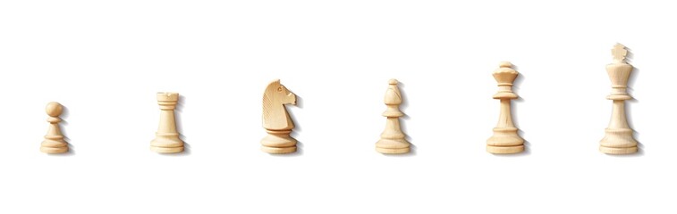 All the chess pieces standing on table. King, queen, bishop, knight, pawn, rook, isolated on white...