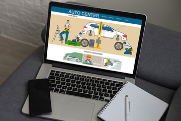 Service staff use laptop check spare parts in stock online in service system for maintenance work in service center office and check mistake point in the car quality assurance document.