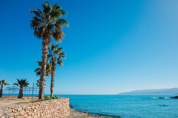 Blue and turquoise water at the sea. Vacations at the beach. Beautiful beaches in Greece