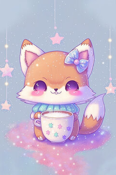 Cute kawaii fox with hot milk ilustración de Stock | Adobe Stock