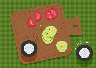 Sliced and seasoned vegetables on a cutting board on a table with a checkered tablecloth. Vector illustration of a kitchen table