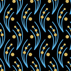 Golden shimmer branch with leaves and berries, seamless pattern for textile and design