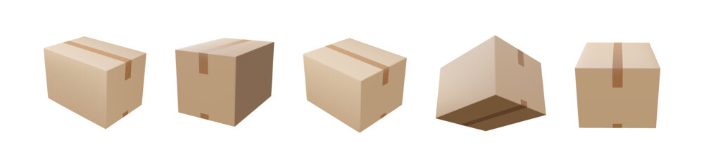 Cardboard or carton realistic delivery boxes with scotch tape and labels.