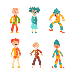 Creepy Clown Characters with Angry Frowning Face and Knife Vector Set
