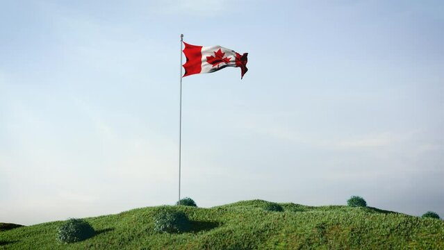 Canada, Canadian flag waving in the wind on a beautiful landscape. Blue sky. 4K HD. Stunning image.