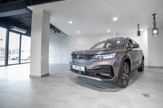 Moscow, Russia - October 31, 2022: New Chinese electric car Skywell et5 . elaris beo, skyworth ev6, imperium sev . external design