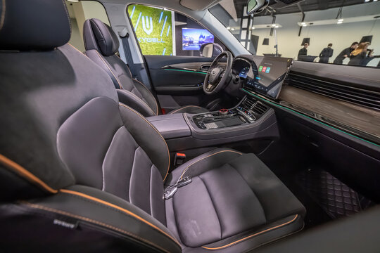 Moscow, Russia - October 31, 2022: interior design New Chinese electric car Skywell et5 . elaris beo, skyworth ev6, imperium sev .
