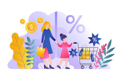 Concept of shopping. Woman with girl walks through store with cart of goods and services. Discounts, sales and promotions, special offers. Interest and prizes. Cartoon flat vector illustration