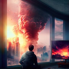 Casually watching the end of the world, apocalypse doomsday digital illustration art