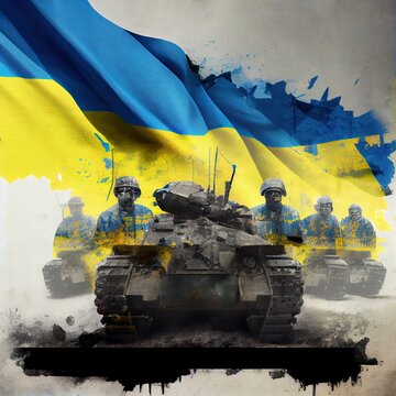 Military soldiers and tanks artillery on Ukraine background, double exposure with Ukrainian flag colors