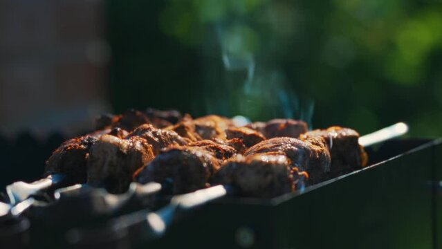 Tasty pork shashlik on the grill.