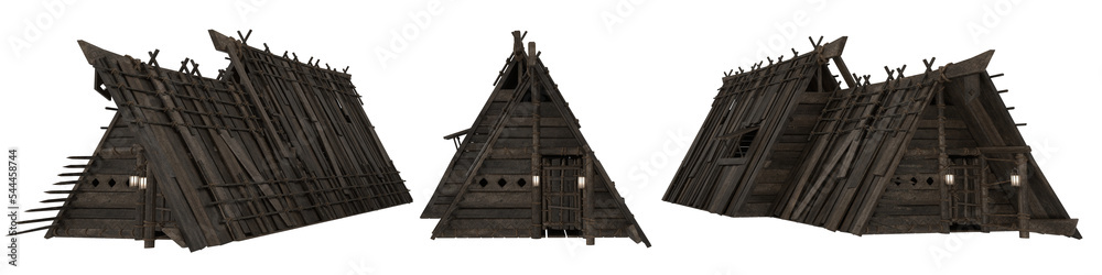 Poster 3 medieval viking wooden houses. isolated 3d rendering seen from different angles.