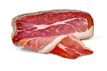 Italian prosciutto crudo or spanish jamon. Jerked meat, isolated on white background. High resolution isolated PNG image with transparent background.