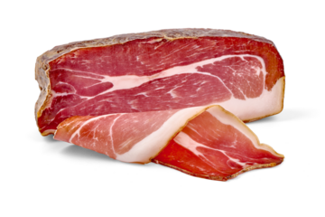 Italian prosciutto crudo or spanish jamon. Jerked meat, isolated on white background. High resolution isolated PNG image with transparent background.