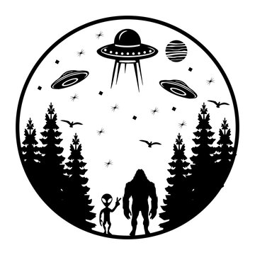 Alien Under The Moon Svg, Alien Svg, Big Foot Svg, UFO Svg, Bigfoot And Alien Under UF0 Svg, Wild Monster Svg, Bigfoot Svg,  Mountain Svg, 