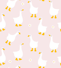 Hand drawn cute pattern with cartoon goose and flowers on pink background. Seamless pattern vector illustration. Hand drawn geese with cute lashes for card, print, nursery, decoration. Farmhouse style