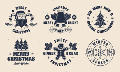 Set of Christmas vintage emblems. Santa Claus, Gingerbread man, Xmas Tree emblems. Christmas label, badges designs. Retro prints for T-shirt, typography. Vector illustration