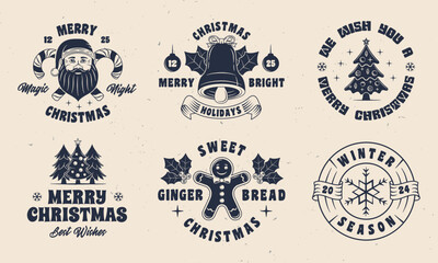 Obraz premium Set of Christmas vintage emblems. Santa Claus, Gingerbread man, Xmas Tree emblems. Christmas label, badges designs. Retro prints for T-shirt, typography. Vector illustration