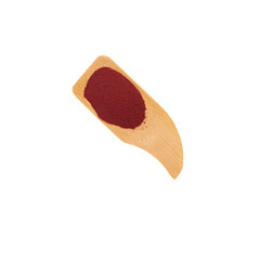 Beetroot powder in wooden scoop. Food additive E162, natural pigment beet red. Dry beet powder. Superfood, antioxidant. Design element, copy space