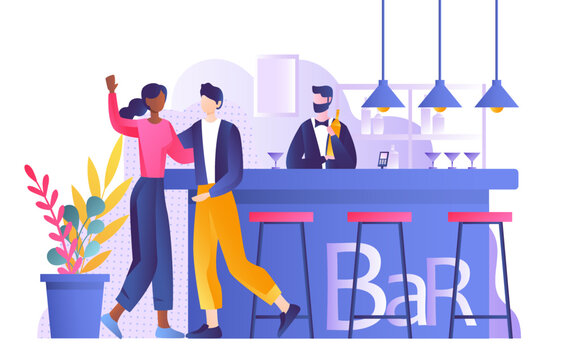 People in bar. Man and woman dancing indoors, waiter or bartender stands with bottle of alcoholic drink. Restaurant or cafe, pub. Small business owner with visitors. Cartoon flat vector illustration