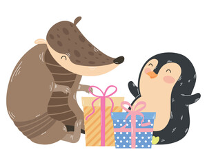 cute armadillo and penguin