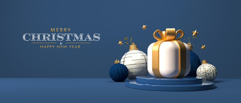 Christmas Gift Box With Baubles - 3D Render