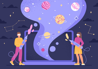 VR game concept. Man and woman in metaverse, modern technologies and digital world. Space and universe, galaxy. Innovation, gadgets and devices. Poster or banner. Cartoon flat vector illustration