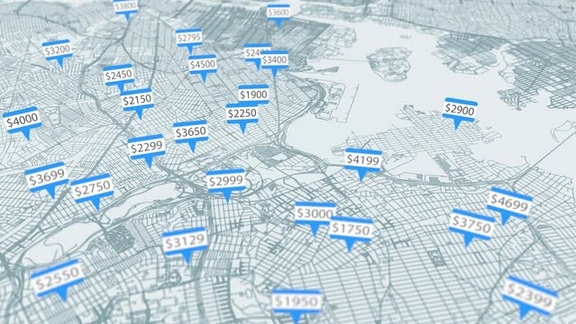 Rental property listings on a city map 3D animation (New York) 