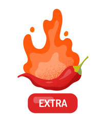 Taste scale extra indicator. Red chili on fire and flame. Sticker for social networks and instant messengers. Infographics, rating and ranking. Poster or banner. Cartoon flat vector illustration
