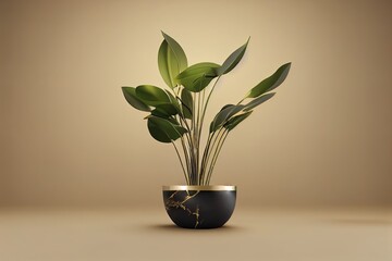 3D render background for elegant beauty products display template. Blank empty luxury golden and marble table top with green bamboo plants, Beige wall, Sunlight. Podium, Stand, Space, Harmony concept.