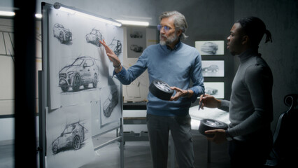 Two diverse automotive male designers holding small wheels, developing futuristic electric car design, standing near whiteboard with sketches. They working in car design development modern studio.