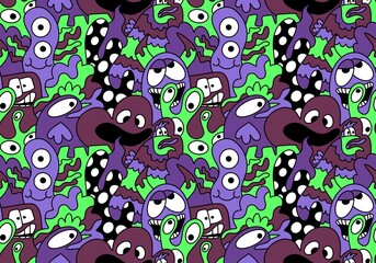 Cartoon doodle monsters seamless aliens and animals pattern for wrapping paper and fabrics and kids clothes