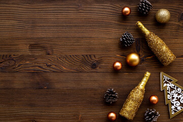 Marry Christmas greeting card background with decoration baubles and gift boxes