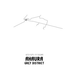 Ahaura, Grey District, New Zealand. Minimalistic road map with black and white lines