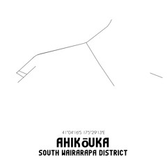 Ahikouka, South Wairarapa District, New Zealand. Minimalistic road map with black and white lines