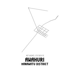Awahuri, Manawatu District, New Zealand. Minimalistic road map with black and white lines