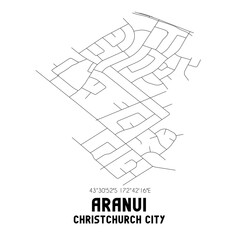 Aranui, Christchurch City, New Zealand. Minimalistic road map with black and white lines