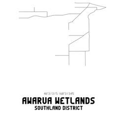 Awarua Wetlands, Southland District, New Zealand. Minimalistic road map with black and white lines