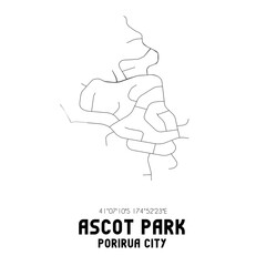 Ascot Park, Porirua City, New Zealand. Minimalistic road map with black and white lines